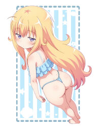 1girl ass bikini blonde_hair blue_bikini blue_panties blush closed_mouth dozdrawof frilled_bikini frills gabriel_dropout gabriel_tenma_white hair_between_eyes highres loli looking_at_viewer original panties purple_eyes ruffle_bikini solo string_bikini swimsuit underwear