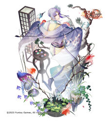 1boy asymmetrical_clothes bird blunt_ends bowl branch clippers closed_mouth copyright_name copyright_notice cropped_jacket curtained_hair falling_petals fish floral_print flower flower_ornament flower_request flower_trim food food_fantasy from_behind full_body furisode_sleeves gloves goldfish gradient_clothes gradient_kimono hair_ornament hands_up highres holding holding_scissors ikebana jacket japanese_clothes kimono lamp leaf_hair_ornament lily_(flower) long_sleeves looking_at_viewer looking_back male_focus namagashi name_connection nerikiri nerikiri_(food_fantasy) object_namesake official_art outstretched_arms parted_bangs peony_(flower) petals pine_tree pink_flower plant plate potted_plant print_jacket purple_flower purple_hair purple_jacket purple_sash purple_socks red_eyes red_flower rezia sandals sash scissors serious short_hair sidelocks simple_background socks solo spread_arms swallow_(bird) tabi table tassel tree two-tone_kimono v-shaped_eyebrows vase wagashi water white_background white_flower white_gloves white_kimono white_lily wide_sleeves wisteria yellow_kimono zouri