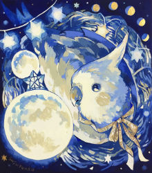 acrylic_paint_(medium) animal animal_focus artist_name bird blank_eyes blue_eyes blush_stickers closed_mouth from_above full_body full_moon glowing highres moon moon_phases neck_ribbon nest no_humans orange_ribbon original painting_(medium) parakeet ribbon signature sitting star_(symbol) stellated_octahedron susutouka traditional_media