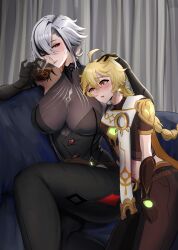 1boy 1girl absurdres aether_(genshin_impact) arlecchino_(genshin_impact) black_leotard blonde_hair blush braid couch couple curtains drinking genshin_impact hans-kun headpat height_difference highres ice ice_cube leotard long_hair looking_at_another mature_female multicolored_hair nail_polish red_eyes scarf short_male sitting tall_female white_hair
