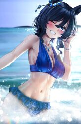 1girl absurdres animal_ears bead_bracelet beads bikini black_hair blue_bikini blue_eyes bracelet breasts cleavage commentary commission cowboy_shot day ear_ornament eishin_flash_(reines_plaetschern)_(umamusume) eishin_flash_(umamusume) grin highres horse_ears horse_girl horse_tail jewelry lens_flare manjo_(warito) medium_breasts navel necklace ocean official_alternate_costume one_eye_closed outdoors pixiv_commission short_hair smile solo stomach swimsuit tail umamusume water