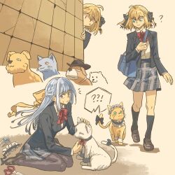 2girls anisphia_wynn_palettia anjuro_zeeku bag black_jacket black_pantyhose black_ribbon black_socks blonde_hair bow bowtie brown_socks cat collared_shirt commentary contemporary english_commentary euphyllia_magenta green_eyes grey_hair grey_skirt hair_ribbon highres jacket kneehighs long_hair maid_headdress multiple_girls pantyhose parted_lips plaid_clothes plaid_skirt purple_cat purple_eyes red_bow red_bowtie ribbon school_bag scissors shirt short_hair simple_background skirt socks sweatdrop tensei_oujo_to_tensai_reijou_no_mahou_kakumei white_cat white_shirt yellow_background yellow_cat yellow_ribbon