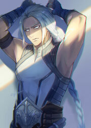 1boy arms_up braid crack_of_light frown fujin_(mortal_kombat) glowing glowing_eyes grey_background highres long_hair male_focus mortal_kombat_(series) mortal_kombat_11 seacobalt signature sleeveless solo upper_body very_long_hair white_eyes white_hair