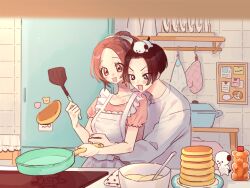 Rule 34 | 1boy, 1girl, apron, brown hair, face-framing short strand, food, frying pan, hug, hug from behind, kitchen, m15391599, pancake, parted bangs, round eyes, sano manjirou, smile, tokyo revengers