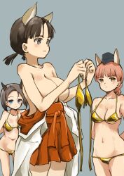 3girls alexandra_serbanescu animal_ears bikini black_hair bra braid breasts brown_eyes brown_hair cat_ears collarbone gold_bikini highres holding holding_bra holding_underwear holding_unworn_clothes japanese_clothes kawaguchi_fumiyo kimono large_breasts long_hair looking_at_another medium_breasts multiple_girls murayama_kei navel red_skirt rosalie_de_la_poype scar scar_across_eye scar_on_face short_hair simple_background skirt smile standing swimsuit twintails underwear world_witches_series
