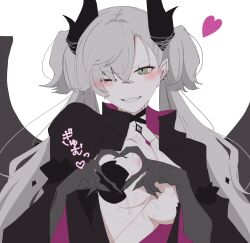 1girl 55nyako20 black_hands black_jacket blush breasts colored_extremities demon_wings fate/grand_order fate_(series) four-finger_heart_hands green_eyes heart heart_hands highres horns jacket lilith_(fate) lilith_(second_ascension)_(fate) looking_at_viewer one_eye_closed pointy_ears smile solo twintails upper_body white_background white_hair wings