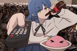 &gt;_&lt; 1girl black_ribbon blue_hair blue_skirt bocchi_the_rock! coca-cola controller cube_hair_ornament drinking foreshortening gotoh_hitori gotoh_hitori_(octopus) hair_ornament highres holding holding_remote_control long_sleeves man_watching_tv_(meme) meme neck_ribbon photo_background remote_control ribbon sitting skirt soda_bottle the_freakin_yui yamada_ryo yellow_eyes