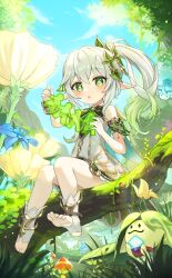 1girl absurdres arama_(genshin_impact) aranara_(genshin_impact) ararycan_(genshin_impact) blush bracelet branch bug cape commentary_request cross-shaped_pupils day detached_sleeves dress feet flower full_body fungi_(genshin_impact) genshin_impact gold_trim gradient_hair green_eyes green_hair green_sleeves hair_ornament highres insect jewelry ladybug leaf_hair_ornament legs long_hair mearyo moss multicolored_hair mushroom nahida_(genshin_impact) no_shoes open_mouth outdoors pointy_ears revision side_ponytail sidelocks sitting sleeveless sleeveless_dress soles solo stirrup_footwear symbol-shaped_pupils toes white_dress white_hair