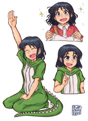 1girl arm_up artist_name black_hair blue_eyes blush city_(arawi_keiichi) highres hood hood_down index_finger_raised izumi_wako onesie open_mouth seiza short_hair short_sleeves simple_background sitting smile solo sparkle subzerofrog teeth tongue upper_teeth_only white_background