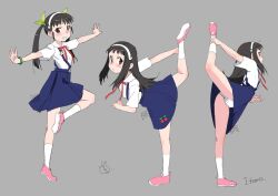 Rule 34 | 1girl, black hair, grey background, hachikuji mayoi, itoma mahimahi, long hair, monogatari (series), panties, school uniform, simple background, skirt, standing, standing on one leg, twintails, underwear, white panties