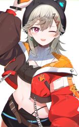 1girl absurdres animal_hat arm_up belt black_hat black_shorts blonde_hair blush brown_belt cat_hat cropped_jacket earrings facial_mark fangs hat highres holding jacket jewelry komori_met komori_met_(5th_costume) looking_at_viewer myolu navel one_eye_closed open_clothes open_jacket open_mouth purple_eyes shorts simple_background solo virtual_youtuber vspo! white_background