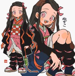 Rule 34 | 1girl, :d, black hair, black leg warmers, blush stickers, brown sandals, character name, checkered sash, closed mouth, full body, hair ribbon, haori, holding gag, japanese clothes, kamado nezuko, kimetsu no yaiba, kimono, knees up, leg warmers, long hair, long sleeves, looking at viewer, multiple views, open mouth, pink eyes, pink kimono, pink ribbon, ribbon, sandals, simple background, sitting, smile, socks, standing, tabi, white background, white socks, zettai 22