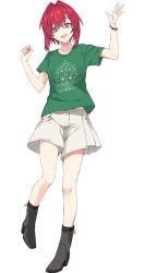 1girl :d \||/ ange_katrina ankle_boots bare_legs blue_eyes boots bracelet breasts collarbone crossed_bangs full_body gold_bracelet gradient_eyes green_shirt grey_boots hair_between_eyes hair_intakes hair_ornament hands_up high_heel_boots high_heels highres jewelry looking_at_viewer midriff_peek multicolored_eyes nijisanji nijisanji_fes_t-shirt official_art open_mouth pink_eyes pleated_shorts print_shirt raised_eyebrows red_hair shirt short_hair short_sleeves shorts simple_background small_breasts smile solo t-shirt third-party_source transparent_background triangle_hair_ornament virtual_youtuber waving white_shorts yoshito zipper_footwear