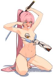 1girl abs absurdres anya_(uragoner) arm_up armpits barefoot bikini black_nails black_scrunchie blue_bikini blue_eyes blush breasts bright_pupils censored censored_nipples closed_mouth clothes_pull collarbone expressionless eyepatch_bikini feet fingernails hair_ornament hair_scrunchie high_ponytail highres holding holding_sword holding_weapon katana kneeling kuso_otoko long_fingernails long_hair looking_down mechanical_arms nail_polish navel open_mouth original pink_hair ponytail scrunchie shadow simple_background small_breasts solo spread_legs stomach string_bikini swimsuit sword toenail_polish toenails toes toned toned_female twitter_username uragoner v v_over_eye very_long_hair weapon white_background white_pupils