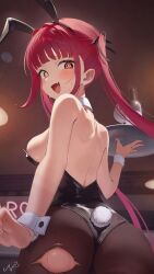 00s1g00 1girl @_@ absurdres animal_ears ass bare_shoulders black_leotard black_pantyhose blush breasts fake_animal_ears fake_tail from_behind highres hololive houshou_marine large_breasts leotard looking_at_viewer looking_back missing_commentary pantyhose playboy_bunny rabbit_ears rabbit_tail red_eyes red_hair solo strapless strapless_leotard tail torn_clothes torn_pantyhose twintails virtual_youtuber yellow_eyes