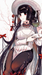 1girl absurdres black_hair blunt_bangs breasts brown_pantyhose cup dress eyeliner fate/grand_order fate_(series) hair_ornament hair_stick hat highres jewelry komahime_(fate) lbccccc long_hair long_sleeves makeup medium_breasts necklace pantyhose pearl_necklace pelvic_curtain red_eyes saucer smile solo sun_hat teacup thighs very_long_hair white_dress white_hat