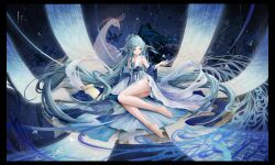 1girl absurdres alternate_costume anklet azur_lane banchiyuebai bare_shoulders barefoot blue_eyes blue_hair blue_nails champagne_(azur_lane) collarbone commentary detached_sleeves dress feet flat_chest hair_ornament hair_spread_out highres jewelry long_hair looking_at_viewer low_twintails lying nail_polish neck_tassel night night_sky print_dress scroll side_slit single_detached_sleeve sky solo star_(sky) starry_sky tassel thighs toes twintails very_long_hair