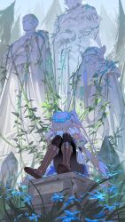 1girl absurdres bird black_pantyhose blue_flower boots brown_boots capelet commentary crossed_arms eisen_(sousou_no_frieren) elf english_commentary flower forest frieren grey_hair head_rest head_wreath heiter highres himmel_(sousou_no_frieren) knees_up long_hair nature omurice_(304975636) outdoors overgrown pantyhose parted_bangs pedestal pigeon plant pointy_ears shirt sitting solo sousou_no_frieren statue tree twintails vines white_bird white_capelet white_shirt
