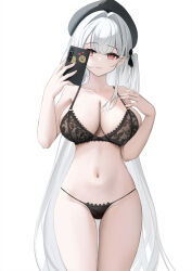 +_+ 1girl azur_lane bare_shoulders beret black_bra black_hat black_panties bra breasts cellphone character_sticker cleavage collarbone commentary_request cross-shaped_pupils hair_intakes hand_up hat highres holding holding_phone lace lace-trimmed_bra lace-trimmed_panties lace_trim large_breasts light_blush long_hair looking_at_viewer manjuu_(azur_lane) nail_polish navel official_alternate_costume one_side_up panties parted_lips phone pink_nails red_eyes scylla_(azur_lane) scylla_(femme_fatale_fresher)_(azur_lane) simple_background smartphone smile solo standing stomach string_panties symbol-shaped_pupils taking_picture touxing_no_diluka underwear underwear_only very_long_hair white_background white_hair
