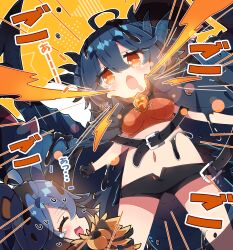 2girls :d absurdres ahoge arzuros belt black_belt black_gloves black_shorts blue_hair blush breasts chibi chibi_only commentary_request drooling gloves gogmazios hair_between_eyes highres milkpanda monster_hunter_(series) mouth_drool multiple_girls navel nervous_sweating open_mouth orange_eyes outline personification short_hair short_shorts shorts smile sweat thick_eyebrows white_outline yellow_background