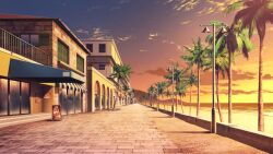 beach brick_road cloud cloudy_sky display_board glowing gradient_sky highres lamppost mountain no_humans non-web_source ocean official_art our_life:_beginnings_and_always outdoors palm_tree railing road scenery shadow sky street sunset tree variant_set window_shutter