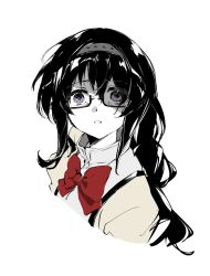 1girl akemi_homura black_hair bow bowtie commentary glasses highres long_hair looking_at_viewer mahou_shoujo_madoka_magica mahou_shoujo_madoka_magica_(anime) mitakihara_school_uniform o3o2sao purple_eyes red_bow red_bowtie school_uniform simple_background solo upper_body white_background