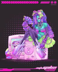 1girl absurdres alien alien_hair_ornament animal_print aqua_skin bead_bracelet bead_necklace beads black_gloves black_thighhighs boots bracelet breasts clothing_request colored_skin commentary computer computer_tower cyber_fashion elbow_gloves english_commentary flower folding_fan gloves gradient_hair green_skirt gyaru gyaru_makeup hair_flower hair_ornament hand_fan heart highlighter_(makeup) highres holding holding_fan jewelry large_breasts long_hair looking_at_viewer monitor multicolored_hair navel necklace original pink_eyes pink_hair puri_prado purple_arm_warmers purple_hair ring skirt solo sticker thighhighs tiger_print very_long_fingernails very_long_hair wavy_hair white_boots white_eyeshadow white_lips