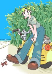 1girl animal beach blue_pants brown_shoes crab day earrings green_hair green_shirt hatsuseno_alpha highres jewelry leaning_back looking_at_viewer motor_vehicle motorcycle ocean oldvege08 outdoors pants ponytail reeds shirt shoes solo standing yokohama_kaidashi_kikou