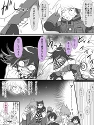 1girl 6+boys ^_^ ahoge amami_rantaro android angry antenna_hair arm_behind_back arm_behind_head beanie blazer bra clenched_hand closed_eyes coat_partially_removed collared_coat collared_shirt commentary_request convenient_censoring crossed_arms danganronpa_(series) danganronpa_v3:_killing_harmony dot_nose evil_smile faceless faceless_male facial_hair fake_horns fingernails flying_sweatdrops gakuran glasses gleam goatee gokuhara_gonta greyscale hair_between_eyes half-closed_eyes hand_on_another&#039;s_hip hat height_difference helmet high_collar highres holding holding_another&#039;s_wrist holding_screwdriver holding_wrench horned_helmet horns hoshi_ryoma iruma_miu jacket jewelry k1-b0 lapels light_blush long_hair long_sidelocks male_focus messy_hair momota_kaito monochrome motion_lines multiple_boys multiple_views necktie nervous_smile nervous_sweating night night_sky notched_lapels nude oma_kokichi open_clothes open_jacket open_mouth outdoors outline panties pants peaked_cap pendant projected_inset round_eyewear sad saihara_shuichi scared school_uniform screwdriver shachoo_(poco_poco) shaded_face shinguji_korekiyo shirt shoes short_hair sidelocks sitting sitting_on_shoulder sky smile speech_bubble spiked_hair spot_color star_(sky) starry_sky straight_hair striped_clothes striped_pants striped_shirt sweat swept_bangs teeth translation_request trembling turn_pale unamused undershirt underwear v-shaped_eyes very_long_hair walking wide-eyed wrench