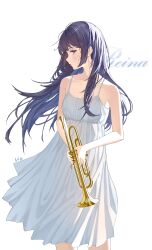 1girl absurdres black_hair breasts character_name collarbone dress facing_viewer floating_hair hibike!_euphonium highres holding holding_instrument holding_trumpet instrument kousaka_reina long_hair looking_at_viewer profile purple_eyes sideways_glance simple_background solo sundress trumpet v.ia white_background white_dress