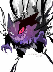 black_skin colored_skin dated gen_1_pokemon gengar highres mismatched_eyes nintendo non-web_source open_mouth pokemon purple_skin signature simple_background solo sukepmonster white_background