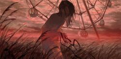 1girl absurdres black_ribbon carousel closed_eyes cloud cloudy_sky highres in_79 long_hair original outdoors red_sky red_theme ribbon shirt short_sleeves skirt sky solo standing sunset weeds wind