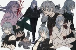 Rule 34 | 1boy, :d, ^ ^, adam&#039;s apple, arm up, black pants, black shirt, blood, closed eyes, completely nude, cursed spirit (jujutsu kaisen), fingernails, grey hair, heterochromia, highres, indian style, injury, jujutsu kaisen, long hair, looking ahead, looking to the side, looking up, mahito (jujutsu kaisen), male focus, mim (mimya0600), multiple views, nude, open mouth, pants, parted lips, sanpaku, shirt, shoes, sideways glance, simple background, sitting, smile, stitched arm, stitched face, stitched leg, stitched neck, stitches, teeth, tongue, tongue out, upper teeth only, white background, white shoes, wide-eyed, yellow eyes