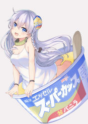 1girl :d barefoot blue_eyes blush braid collar dress fang feet female_focus food highres ice_cream in_container in_food koga_rejini mini_person minigirl open_mouth original oversized_object purple_hair simple_background smile solo