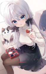 Rule 34 | 1girl, :o, ahoge, bandaid, bandaid on finger, black bow, black skirt, blue eyes, bow, box, box of chocolates, breasts, brown pantyhose, candy, cat, chocolate, chocolate heart, commentary request, commission, couch, food, grey hair, hair bow, heart, heart-shaped food, high-waist skirt, highres, holding, holding box, holding chocolate, holding food, incoming food, light particles, long hair, long sidelocks, long sleeves, looking at viewer, low-tied sidelocks, momoyama momo, on couch, open mouth, original, pantyhose, ribbed sweater, sidelocks, sitting, skeb commission, skirt, solo, sweater, turtleneck, turtleneck sweater, very long hair, white sweater