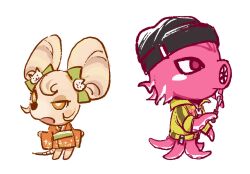 Rule 34 | 1boy, 1girl, :o, animal crossing, animalization, black hat, bow, cat hair ornament, colored skin, crossover, danganronpa (series), danganronpa 2: goodbye despair, green bow, green jacket, hair bow, hair ornament, hat, highres, jacket, japanese clothes, kimono, long sleeves, mouse (animal), niniliuliu, nintendo, octopus, orange kimono, pink eyes, pink skin, saionji hiyoko, simple background, soda kazuichi, white background, wide sleeves