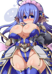 1girl :3 ahoge areola_slip armor armored_dress belt blue_belt blue_eyes blue_hair blue_thighhighs blush breasts cameltoe closed_mouth commentary_request covered_erect_nipples cowboy_shot crossed_bangs curvy dress faulds gauntlets hair_between_eyes huge_breasts long_hair looking_at_viewer maid_headdress nose_blush official_alternate_costume pauldrons poring ragnarok_online rakuma_kanori raqunalize_elyuku_(rakuma_kanori) royal_guard_(ragnarok_online) shoulder_armor simple_background smile solo thighhighs white_background
