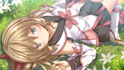 1girl akane_(kunado_kokuki) asahina_hikage black_skirt blonde_hair blue_eyes blush closed_mouth collarbone day detached_sleeves drill_hair flower game_cg grass hair_between_eyes kunado_kokuki long_hair long_sleeves looking_at_viewer lying miniskirt on_back outdoors pleated_skirt skirt smile solo twin_drills white_flower white_legwear white_sleeves