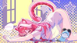 1girl alternate_costume animal_ears ass blush bottomless breasts cat_stretch chattino_(raora_panthera) commentary finn_flint hair_intakes highres hololive hololive_english large_breasts long_hair multicolored_hair panther_ears panther_girl panther_tail pink_hair raora_panthera see-through_clothes see-through_shirt see-through_silhouette shirt short_sleeves speech_bubble streaked_hair stretching tail thighs thought_bubble top-down_bottom-up two-tone_hair virtual_youtuber white_hair white_shirt window yellow_eyes