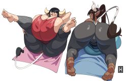 2girls absurdres animal_ears animal_print ass barefoot black_hair black_pantyhose blue_shirt breasts cameltoe cleavage cow_ears cow_girl cow_horns cow_print cow_tail dark-skinned_female dark_skin female_focus gigantic_breasts highres horns huge_ass looking_at_another lying multiple_girls original pants pantyhose ponytail red_shirt shiny_clothes shiny_skin shirt sideboob skindentation sweat tail tanya_(thehelmet_guy) thehelmet_guy thick_thighs thighs towel white_background wide_hips yoga yoga_pants