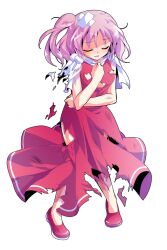Rule 34 | 1girl, bandaid, bandaid on head, blush, closed eyes, commentary request, dairi, dress, full body, hand up, large variant set, one side up, open mouth, pink eyes, purple hair, red dress, red shoes, sara (touhou), shoes, short hair, sleeveless, sleeveless dress, solo, standing, sweatdrop, torn clothes, torn dress, touhou, touhou (pc-98), transparent background, variant set