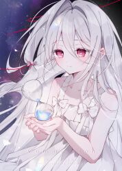 Rule 34 | 1girl, bow, closed mouth, collarbone, commission, dot nose, dress, hair between eyes, hair intakes, hair ribbon, highres, holding hourglass, hourglass, long hair, looking at object, night, night sky, original, pink eyes, red ribbon, ribbon, sky, smile, solo, star (sky), starry sky, sundress, syana alice, upper body, white bow, white dress, white hair