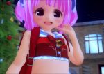 1girl 3d :d animated backpack bag bare_arms bare_shoulders bell blush bow christmas cleft_of_venus female_focus flat_chest hat kuroi_serika_(st205yat) loli looking_at_viewer no_panties open_mouth original peeing pink_hair pussy randoseru red_bow smile snow solo standing star_(symbol) striped_clothes striped_thighhighs thighhighs thumb_to_mouth tree uncensored video