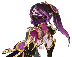 1girl arm_guards artist_name backless_outfit blue_eyes commentary dota_(series) dota_2 edich english_commentary facepaint hair_ornament long_hair looking_at_viewer looking_back pointy_ears ponytail purple_hair solo templar_assassin_(dota) transparent_background upper_body veil