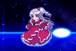 Rule 34 | 1girl, artist name, black bow, blue eyes, bow, capelet, dress, frilled dress, frills, grey hair, hair bobbles, hair ornament, iriyama tonatsu, layered dress, long hair, makai (touhou), mystic square, pixel art, red capelet, ribbon, shinki (touhou), smile, touhou, touhou (pc-98), turtleneck