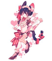 1boy absurdres animal_ear_fluff animal_ears asymmetrical_legwear bib_collar black_hair blush bow bowtie brown_shoes cat_boy cat_ears cat_tail closed_mouth commentary dated_commentary double-parted_bangs fang fang_out frilled_socks frills full_body hair_ribbon heart high_heels highres leg_up maid_headdress male_focus navel original ozureiji puffy_short_sleeves puffy_sleeves red_bow red_bowtie red_eyes red_ribbon ribbon shoes short_hair short_sleeves single_thighhigh skin_fang smile socks solo symbol-only_commentary tail tail_ornament tail_ribbon tassel thighhighs trap tsurime white_socks wrist_cuffs yellow_thighhighs