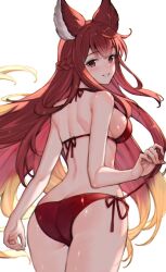 1girl animal_ears anthuria bikini breasts granblue_fantasy highres koretsuki_azuma large_breasts long_hair median_furrow red_bikini red_eyes red_hair shoulder_blades simple_background smile solo swimsuit teeth white_background