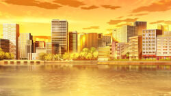 Rule 34 | building, city, cloud, cloudy sky, forest, highres, nature, no humans, non-web source, official art, orange light, orange sky, our life, our life: beginnings and always, railing, reflection, reflective water, river, scenery, sky, skyline, skyscraper, sunset, tree, variant set, water