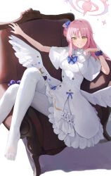 1girl absurdres angel_wings armchair blue_archive blue_bow blue_bowtie blush bow bowtie breasts capelet chair commentary crescent dress feathered_wings flower hair_bun hair_flower hair_ornament hair_ribbon halo highres jianjia long_hair looking_at_viewer low_wings mika_(blue_archive) pantyhose pink_hair pink_halo purple_flower purple_scrunchie ribbon scrunchie simple_background single_side_bun sitting smile solo underbust white_background white_capelet white_dress white_pantyhose white_ribbon white_wings wings wrist_scrunchie yellow_eyes