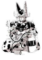 1boy animal_ears animal_print bikini bikini_top_aside blush breast_pump cell_(dragon_ball) cow_boy cow_ears cow_print cow_print_bikini cow_print_sleeves cow_print_thighhighs cow_tail cowbell dragon_ball dragonball_z drooling fingernails greyscale heart high_heels kneeling liquid looking_up male_focus male_lactation milk milking_machine monochrome on_ground parted_lips pectorals perfect_cell print_bikini print_thighhighs rolling_eyes sharp_fingernails solo speech_bubble spots string_bikini swimsuit tail tank_(container) teeth thighhighs torogao trembling upper_teeth_only wet wings yaoi